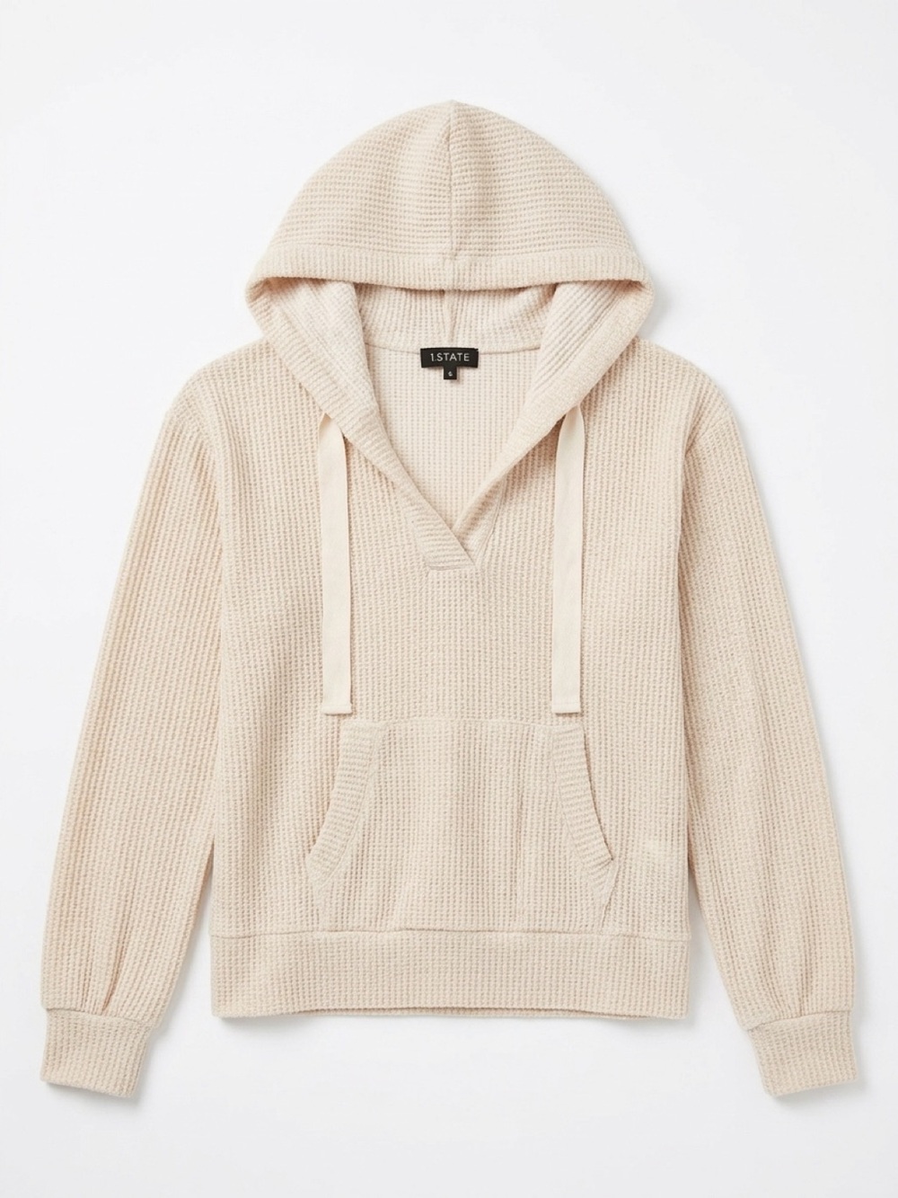 1. State Cream Waffle-Knit Hooded V-Neck Sweater